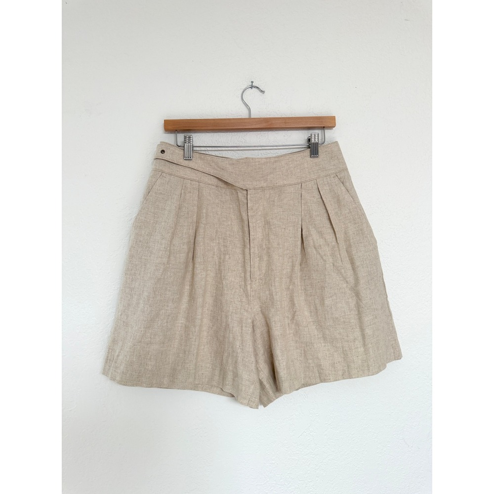 Banana Republic Herringbone Pleated Linen Shorts Beige Crossover Buckle Size 10